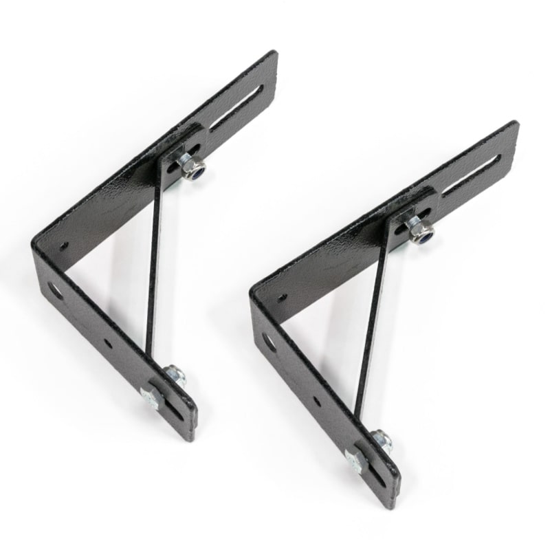Eezi awning l bracket with diagonal brace in black metal top side view on white background