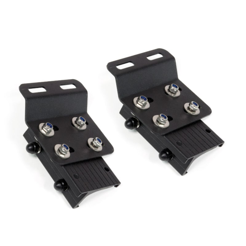 Eezi universal awning mounts top front view of 2 black metal brackets with screws as a pair