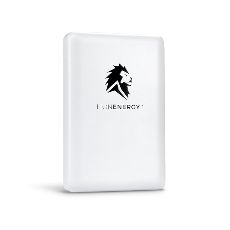 Lion claw power station in white with black logo front view on white background