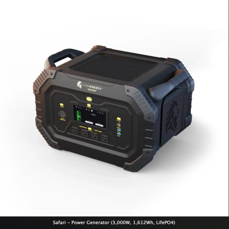 Lion safari portable power station with handles in black on white background front left view
