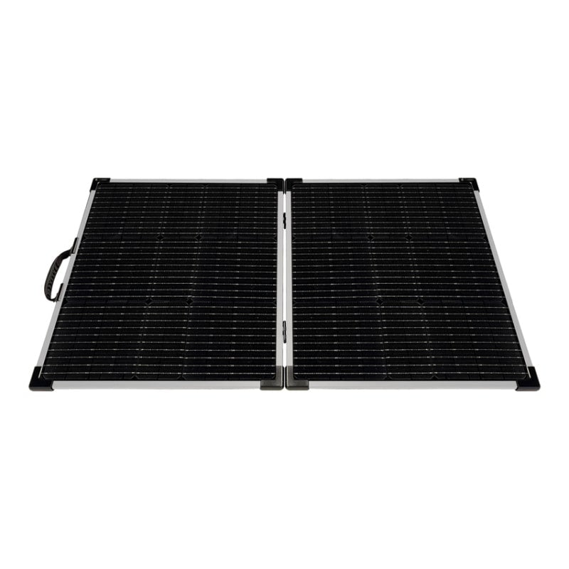 Lion Energy solar panel 100w 12v in black with handle open front view on white background