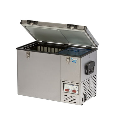 Luna refrigerator 50l dual control in metallic stainless steel silver front left view open