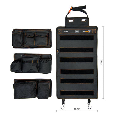 23zero camping gear rider seat organizer in black front view with 3 attachable compartments on white background