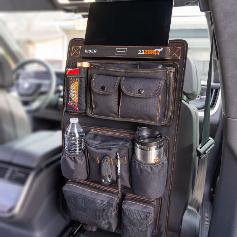 23zero car accessories rider seat organizer in black front view on passenger seat holding gear