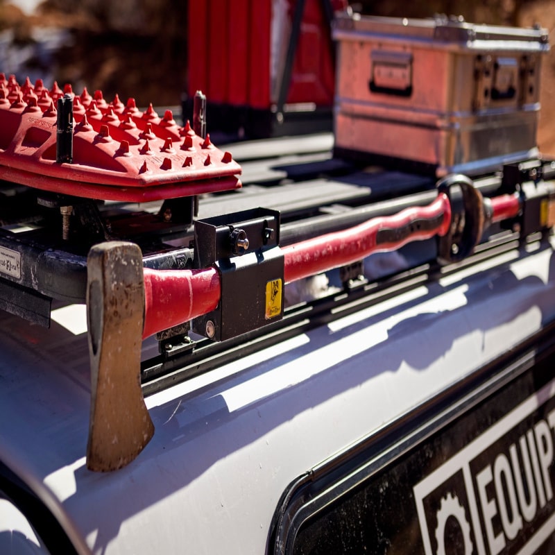 Eezi awn land rover discovery roof rack on jeep with cargo back right view close up