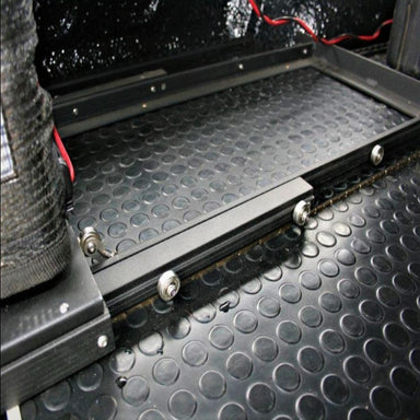 Eezi awn slide for freezer top left view pulled out frame on black floor