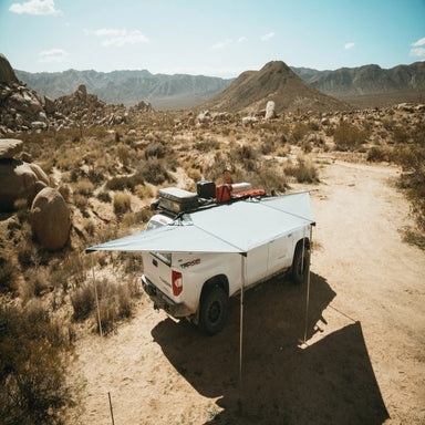 Eezi dragonfly 180 awning top front right view open outside in desert