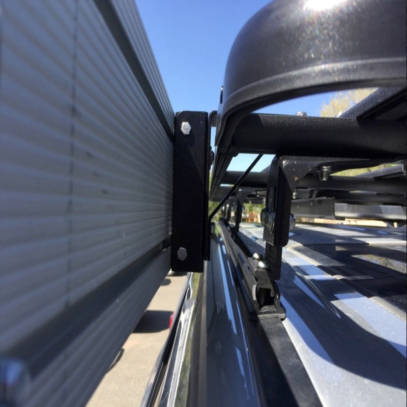 Eezi outdoor gear c channel bracket with l bracket mounted on rack rear side view close up