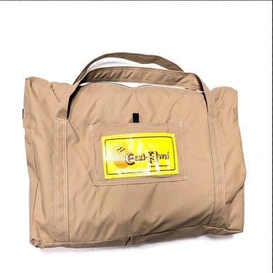 Eezi swift awning wall set storage bag in beige with yellow label front view