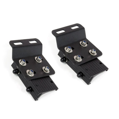 Eezi universal awning mounts top front view of 2 black metal brackets with screws as a pair