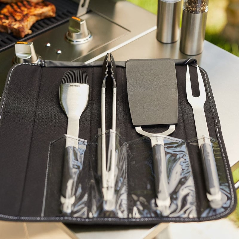 Kenyon barbecue grill 4pc utensil kit open on grill outside