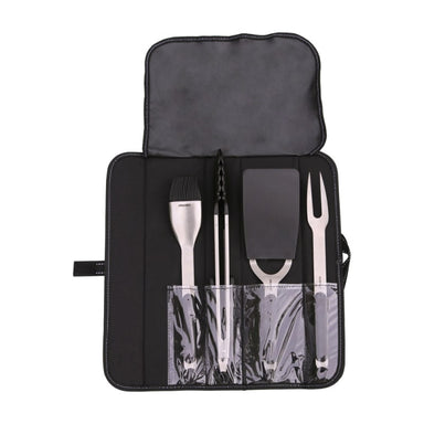 Kenyon barbeque grill 4pc grill kit front view in black canvas open on white background