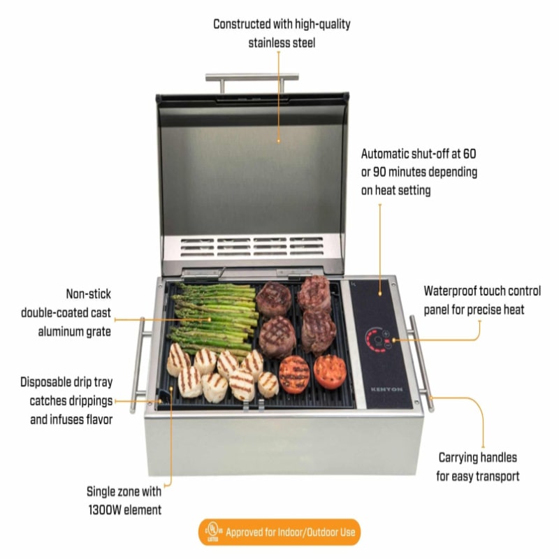 Kenyon Frontier portable grill in Stainless Steel Open Lid with Food and Features