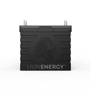Lion Energy UT BT 1300 lithium batteries in black on white background front view