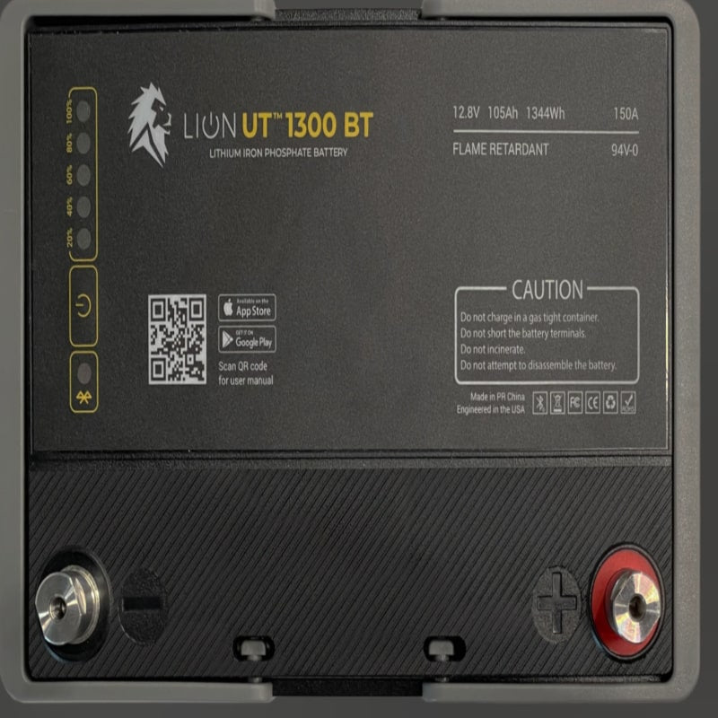 Lion Energy UT BT 1300 lithium batteries close up in black rear view