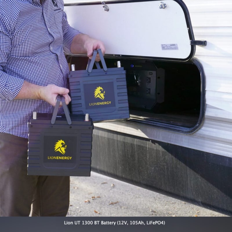 Lion Energy UT BT 1300 lithium battery lifestyle rv rear storage close up