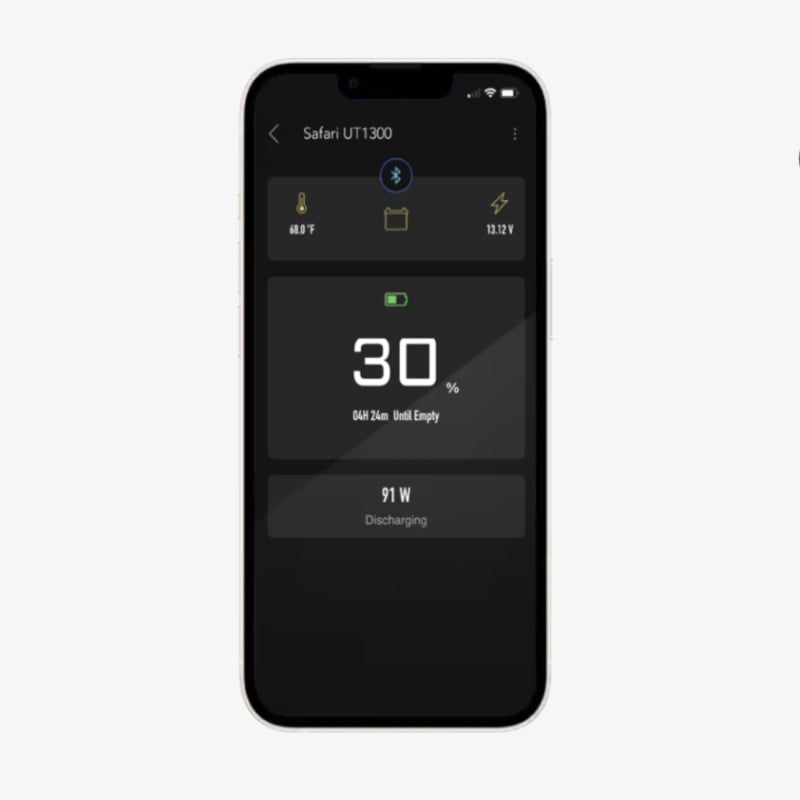 Lion Energy UT bth 1300 lithium battery app control on screen of smartphone