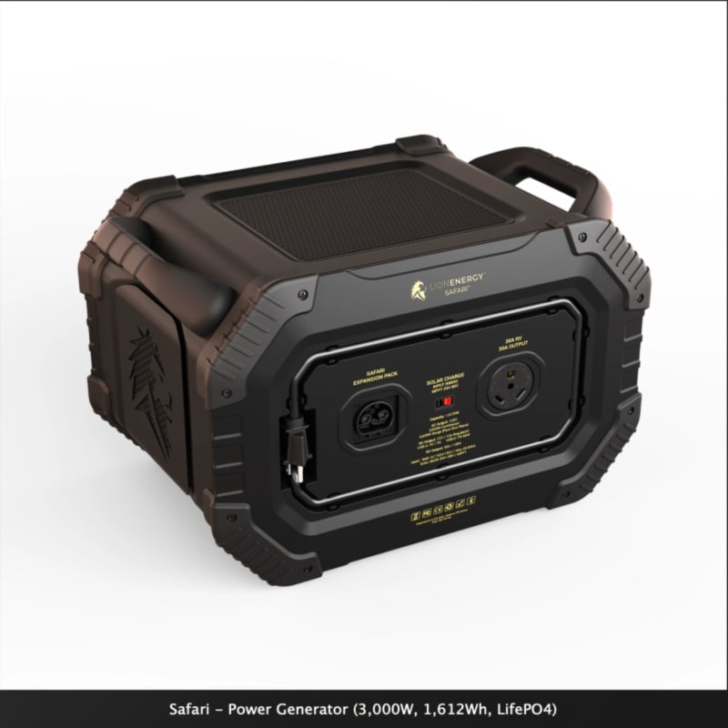 Lion safari portable power station with handles in black on white background rear right view
