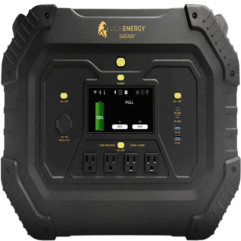 Lion safari power station in black front view panel up close