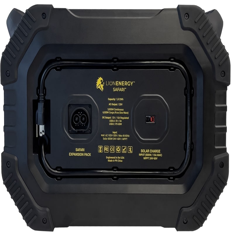 Lion safari power station in black rear view outlet with cord up close