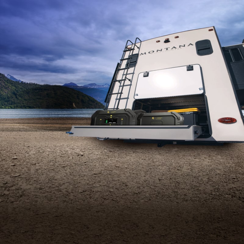 Lion Energy safari xp portable generator in rv pull out by the lake