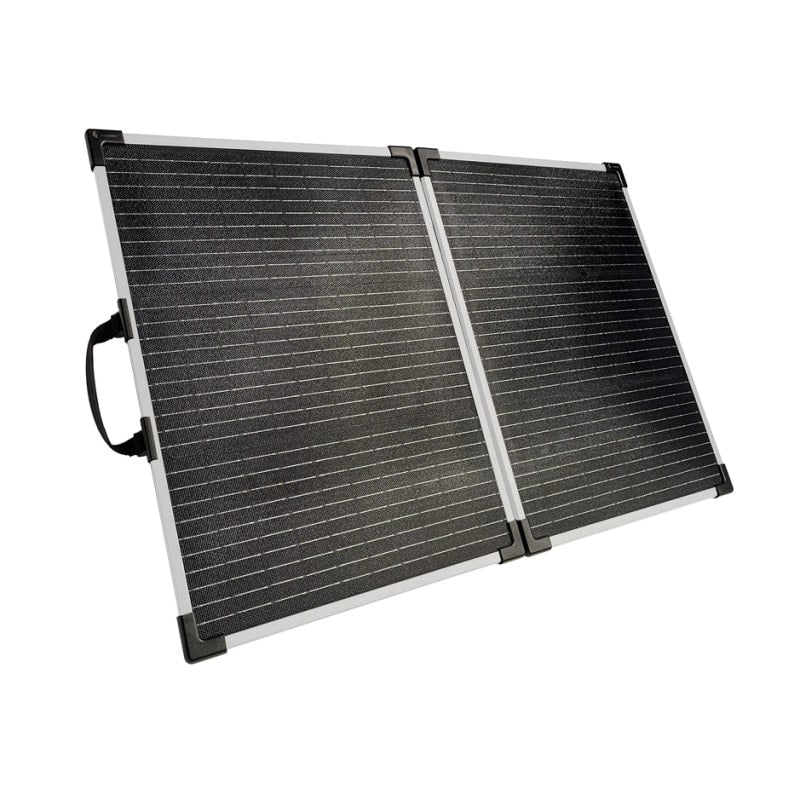 Lion Energy solar energy 100w 12v in black with handle open front right view on white background