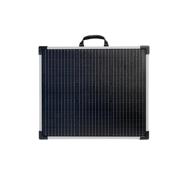 Lion Energy solar panel 100w 12v in black folded with carry handle front view on white background