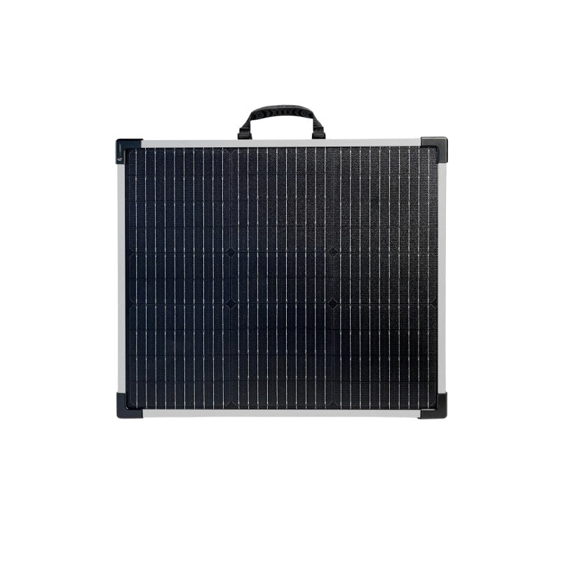 Lion Energy solar panel 100w 12v in black folded with carry handle front view on white background