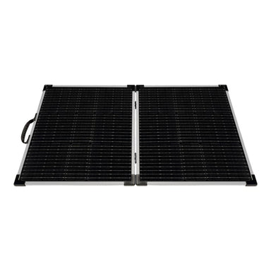 Lion Energy solar panel 100w 12v in black with handle open front view on white background