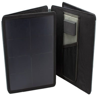 Lion Energy solar panel 50w 12v in black half folded view on white background.