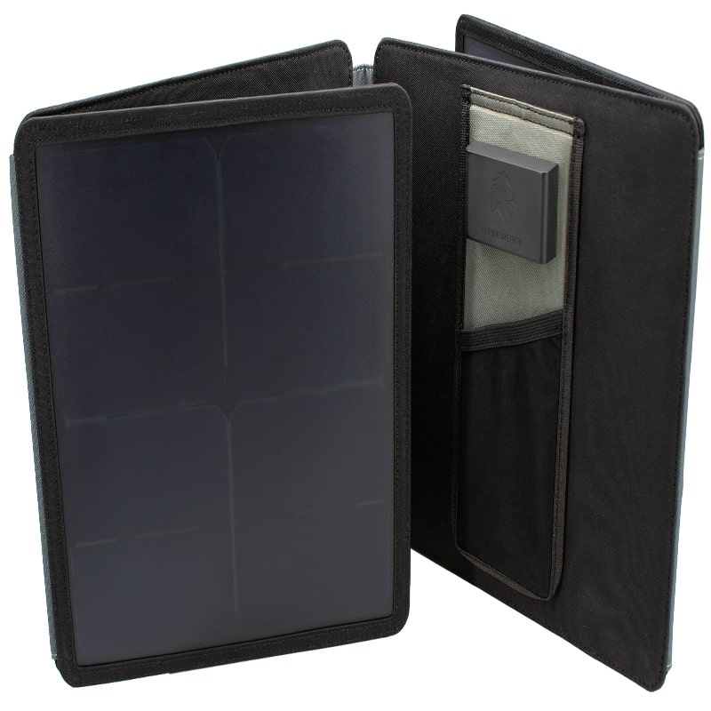Lion Energy solar panel 50w 12v in black half folded view on white background.