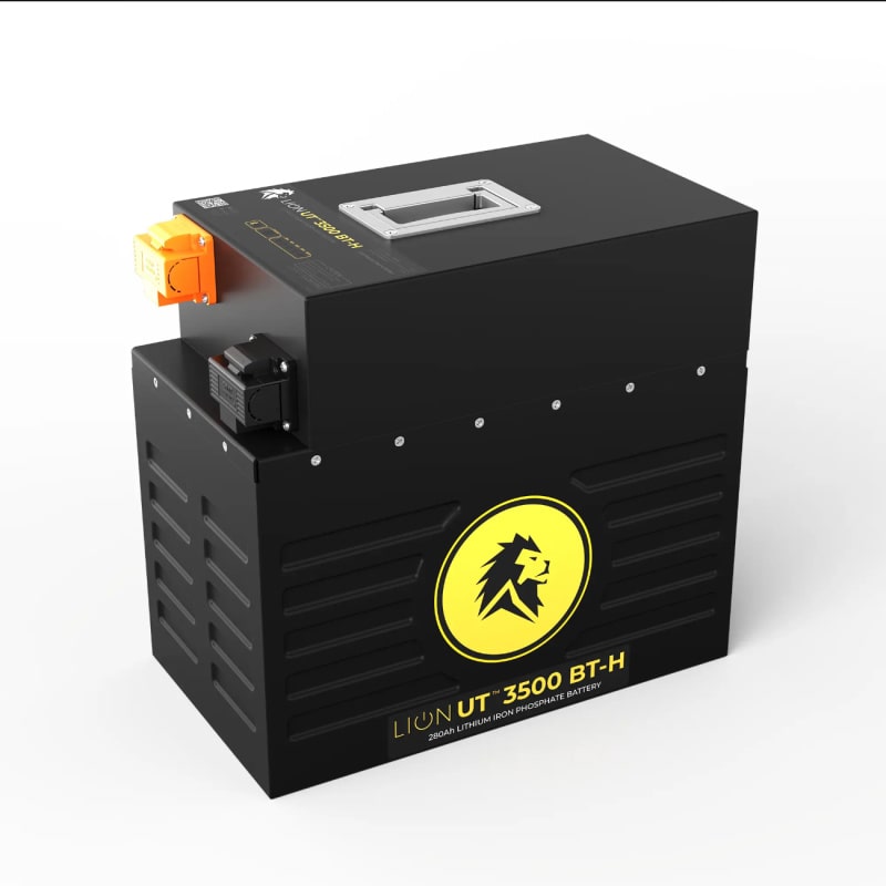 Lion Energy UT 3500 lithium batteries in black with yellow logo right front view on white background