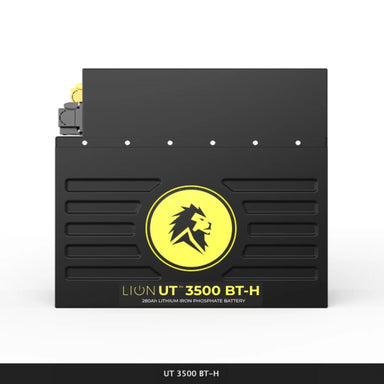 Lion Energy UT 3500 lithium batteries in black with yellow logo  right view on white background