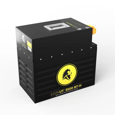 Lion Energy UT 3500 lithium battery in black with yellow logo rear right view on white background
