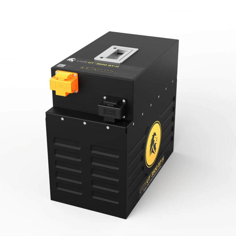 Lion Energy UT 3500 lithium ion battery in black with yellow logo front right view on white background