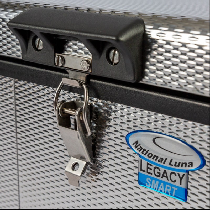Luna 90l smart fridge close up view of lock with handle and logo