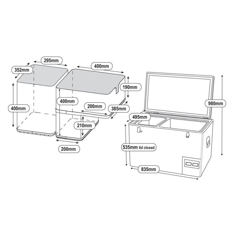 Luna 90l mini fridge dual zone diagram with inside and outside measurements