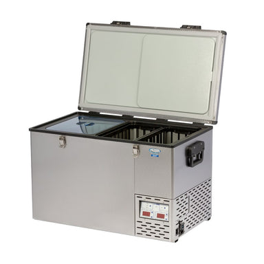 Luna 90l refrigerator dual zone with inner baskets front left view open on white background