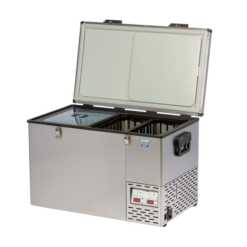 Luna 90l refrigerator dual zone with inner baskets front left view open on white background