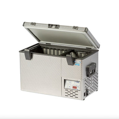 National luna 35l refrigerator front left view open with two baskets on white background