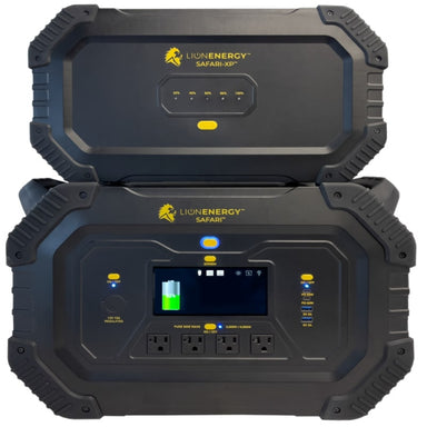 Lion Energy Safari xp portable power station in black with safari charger front view