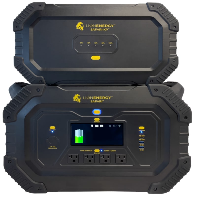 Lion Energy Safari xp portable power station in black with safari charger front view