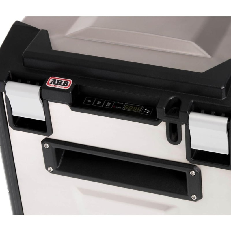 arb 12v fridge 63 elements front view control panel close up with latches