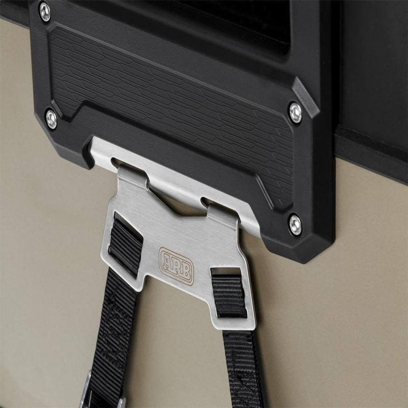 arb 12v fridge zero tie down kit close up handle hook up left view