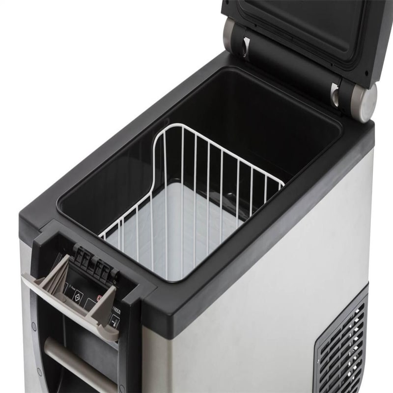 arb portable freezer classic 50 front left view open close up with single compartment and rack