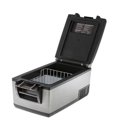 arb portable freezer classic 50 in gunmetal front left view open with single compartment and rack