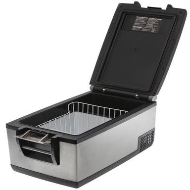 arb portable freezer classic 63 front right view in gunmetal open with single compartment and inside rack