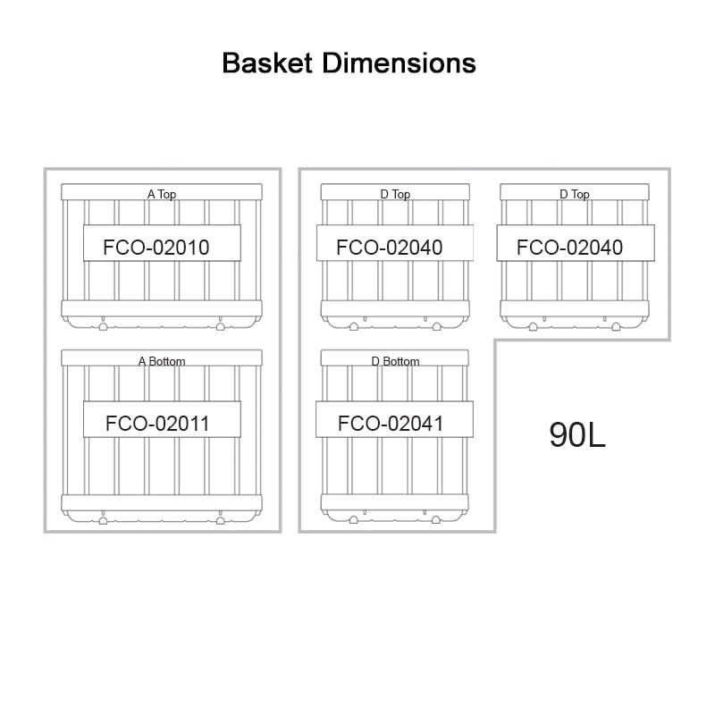 luna 90l mini fridge basket diagram with dimensions